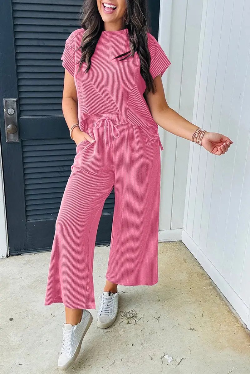 Bright Pink Solid Corded Knit Short Sleeve T Shirt Set - Love Salve